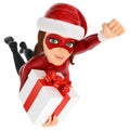 3D Woman christmas superhero flying with a gift