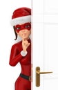 3D Woman christmas superhero hidden behind a door shutting