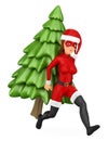 3D Woman christmas superhero running with a fir tree on back