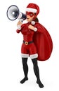 3d christmas people illustration. Woman superhero with a sack talking on a megaphone. Isolated white background