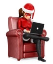 3D Woman christmas superhero sitting on a sofa with a laptop