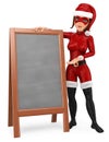 3D Woman christmas superhero standing with a blank chalkboard