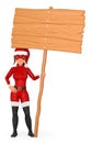 3D Woman christmas superhero standing with a wooden blank poster