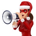 3d christmas people illustration. Woman superhero talking on a megaphone. Isolated white background