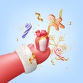 3D Christmas Santa Hand in Red Mitten with Gifts Royalty Free Stock Photo