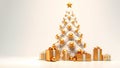 3d Christmas tree with golden balls and star, glittering wrapped gift boxes isolated on white background. Minimalistic Merry Xmas Royalty Free Stock Photo