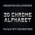 3D chrome alphabet font. Volumetric metal effect letters and numbers.