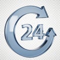 3d chrome 24 hour service icon with circular arrows representing continuous availability Royalty Free Stock Photo