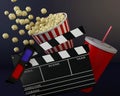 3d Cinema clapper board, popcorn and drink. Royalty Free Stock Photo