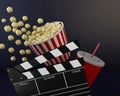 3d Cinema clapper board, popcorn and drink. Royalty Free Stock Photo