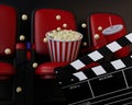 3d Cinema clapper board, popcorn and drink. Royalty Free Stock Photo