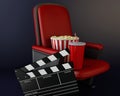 3d Cinema clapper board, popcorn and drink. Royalty Free Stock Photo