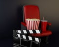 3d Cinema clapper board, popcorn and drink. Royalty Free Stock Photo