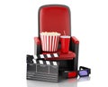 3d Cinema clapper board, popcorn and drink. Royalty Free Stock Photo