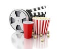 3d Cinema clapper, Film reel, popcorn and drink. Royalty Free Stock Photo