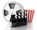 3d Cinema clapper, Film reel and popcorn. Royalty Free Stock Photo