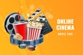 3D cinema entertainment. Online theater poster. Film tickets and clapperboard. Movie eyeglasses. Cinematography reel Royalty Free Stock Photo