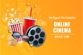 3D cinema entertainment. Online theatre. Film tickets. Popcorn and cola. TV reel. Watching premiere. Movie glasses