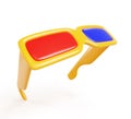 3D cinema glasses icon. Three dimensional red and blue lenses in yellow plastic frame for watching digital film with