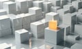 3D cityscape features numerous white cubes arranged in grid-like pattern, with single orange cube standing Royalty Free Stock Photo