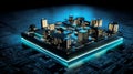 3d cityscape of motherboard components abstract background in black and neon turquoise tones