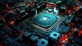 3d cityscape of motherboard components abstract background in black and neon turquoise tones