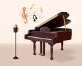 3d Classic Grand Piano and Microphone Cartoon Style. Vector