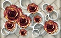 3d classic mural wallpaper. 3d render flowers and white circle. interior home wall decor