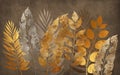 3d classic wallpaper. golden branches tree leaves in drawing on brown . for bedroom decor and carpet design