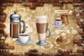 3d wallpaper Vintage hand drawn coffee shop background wall Decors Royalty Free Stock Photo