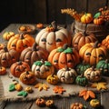 3D clay cartoon pumpkins arranged on a rustic wooden table, Generative AI