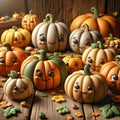 3D clay cartoon pumpkins arranged on a rustic wooden table, Generative AI