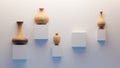 3d Clay earthenware pottery vases and urns on display on plain white wall