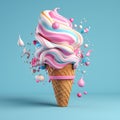 3d clay icon colorful ice cream cone flying with blue color background, Generated AI