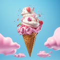 3d clay icon ice cream cone flying with blue color background, Generated AI