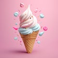 3d clay icon pink blue and topping ice cream cone flying with pink color background, Generated AI