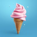 3d clay icon pink ice cream cone flying with blue color background, Generated AI