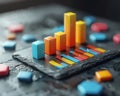3D clay render of a combination chart with bars and lines for finance metrics, isolated on a slate background