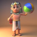3d Cleopatra Tutankhamun Egyptian cartoon character drinking and playing with a beach ball, 3d illustration