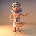 3d Cleopatra Tutankhamun Egyptian character cooking on a gold barbecue bbq, 3d illustration