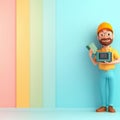 A 3D clipart of a network engineer holding a router, standing on the right side of the image, with a randomly colored background4K
