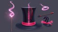 The 3D clipart set includes a magician hat and magic wand with spell light and sparkles. An illusionist black cylinder Royalty Free Stock Photo