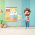 A 3D clipart of a UX designer holding a user journey map, standing on the right side of the image, with a randomly colored