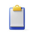 3d clipboard with empty paper sheet isolated
