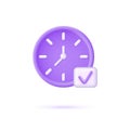 3d Clock icon and approval mark. Check mark. Time-keeping and measurement of time. Time period concept.