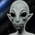 3d close up of alien face with space background. portrait of a grey alien. Generative AI. Royalty Free Stock Photo