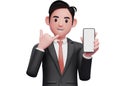 3d close up of businessman in black formal suit doing call me sign finger gesture with showing phone Royalty Free Stock Photo