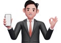 3d close up of businessman in black formal suit giving ok finger and holding a mobile phone Royalty Free Stock Photo