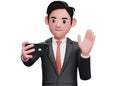 3d close up of businessman in black formal suit make a video call waving hand say hello