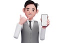 3d close up of businessman in gray office vest doing call me sign finger gesture with showing phone Royalty Free Stock Photo